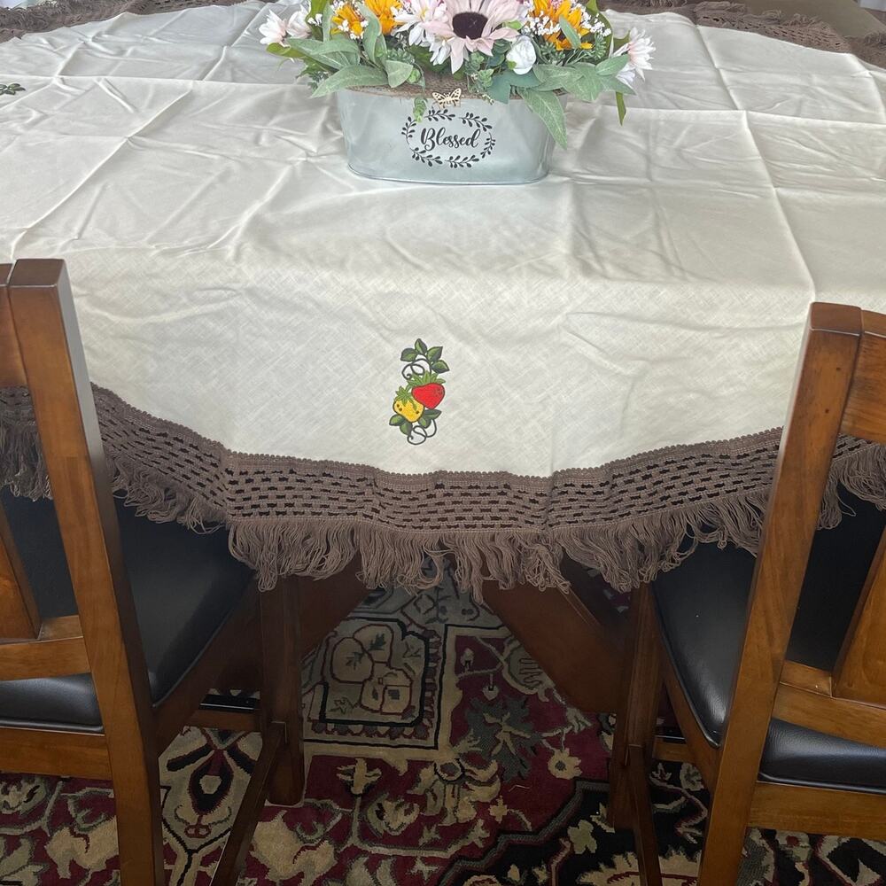 Adorable  Round Tablecloth Embroidered Strawberries 72” Diameter Vintage